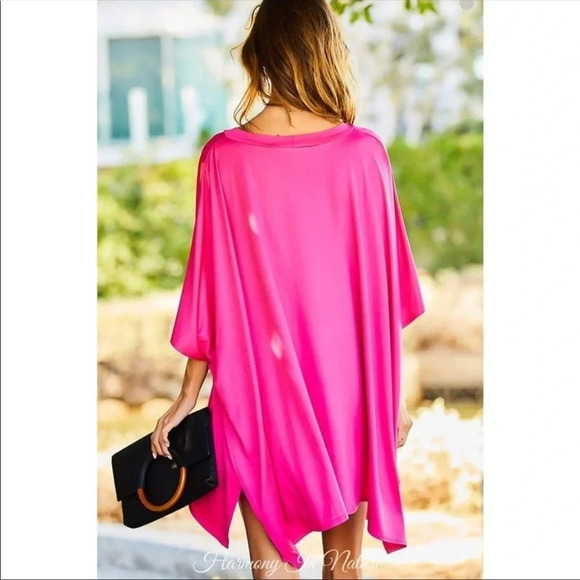 Hot Pink Poncho Tunic Top | Flowy Oversized V-Neck Cover-Up - Picture 3 of 7